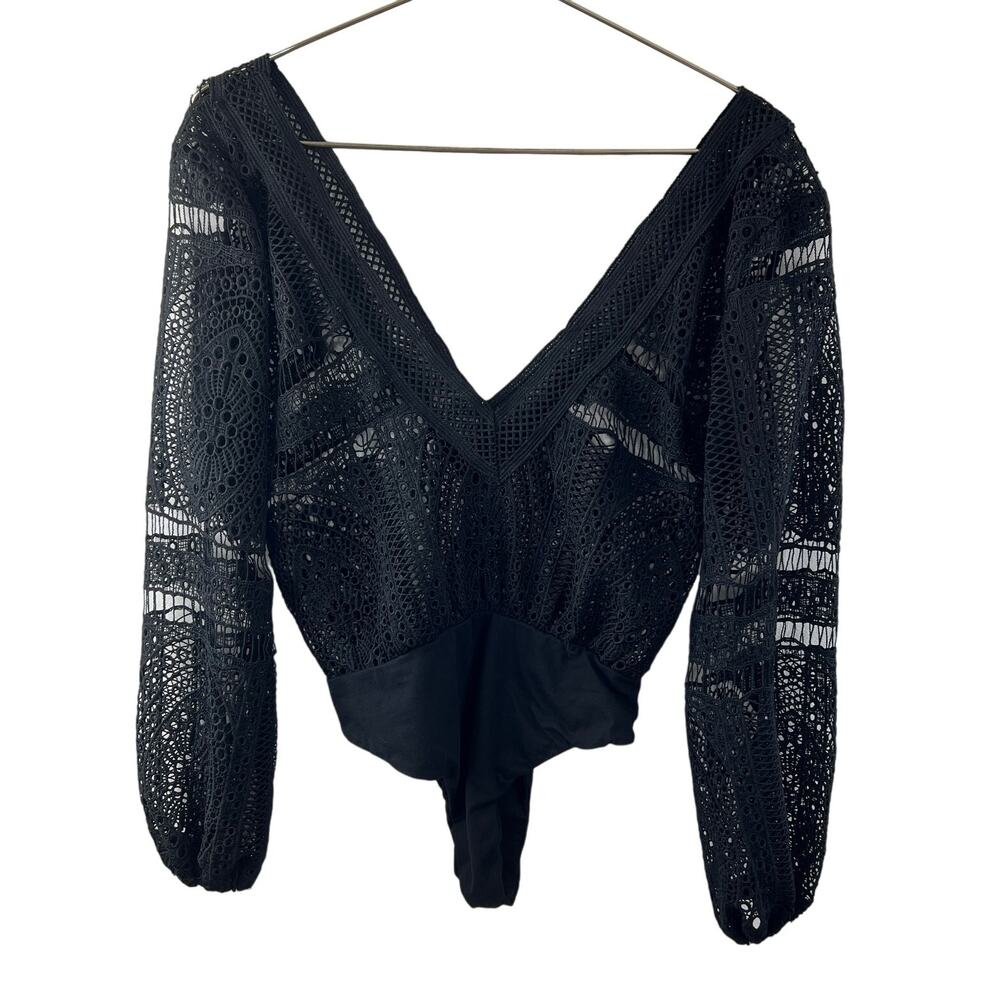 DARAH DAHL Black Thong Bodysuit Long Balloon Sleeves V-Neckline Crochet Size S